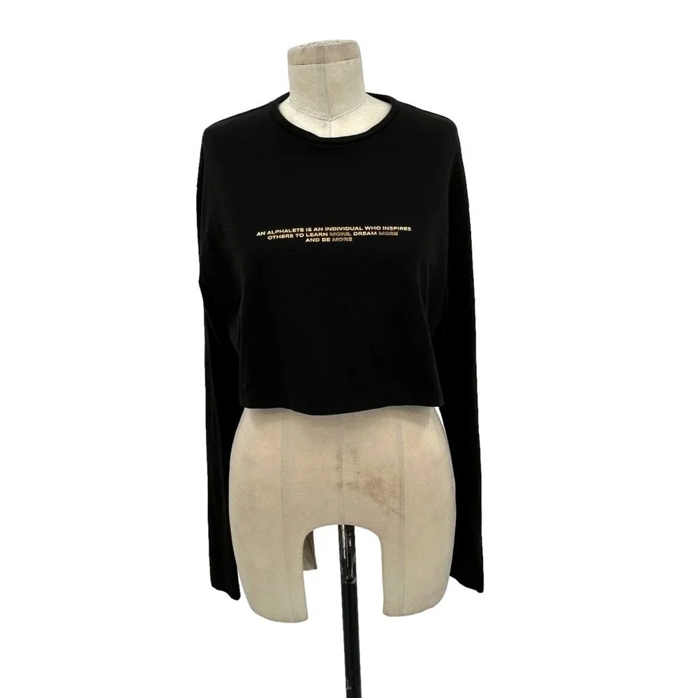 Alphalete Crop Top Tee Long Sleeve Logo Writing Crewneck Black Yellow Size Small